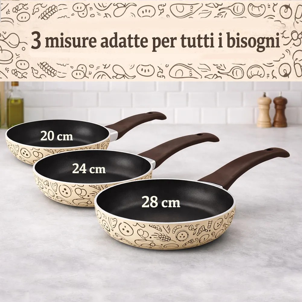 Set 3 Padelle Pastella 20-24-28 cm Antiaderente Manico Soft Touch Made in Italy Beige...