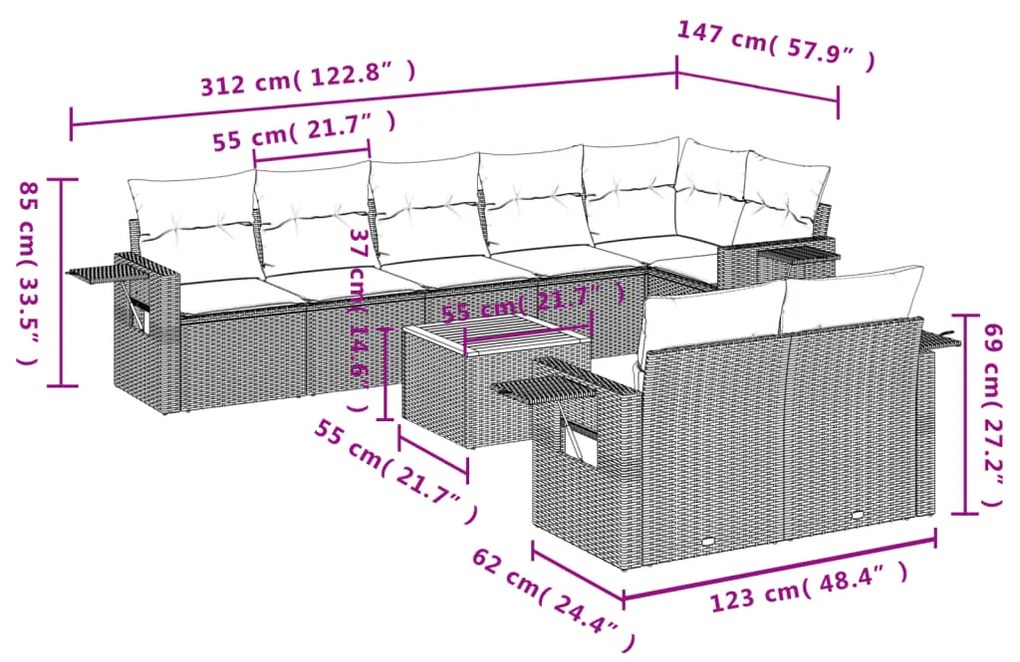 Set divano da giardino 9 pz con cuscini beige misto polyrattan