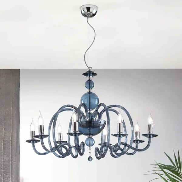 Lampadario a sospensione VIVALDI a 8 luci in vetro lavorato a mano D88 cm Ottanio
