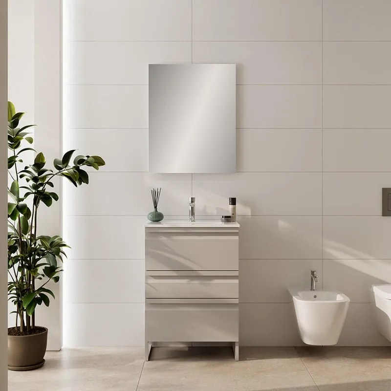 Mobile da bagno sospeso Pull taupe con lavabo in ceramica bianco vasca centrale base con 3 cassetti a chiusura ammortizzata (estrazione parziale), con presa maniglia L61 H75 P40cm