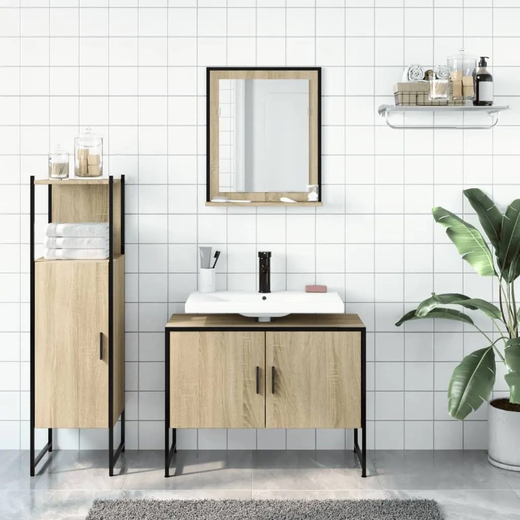 Set di mobili da bagno 3 pz rovere sonoma in legno multistrato