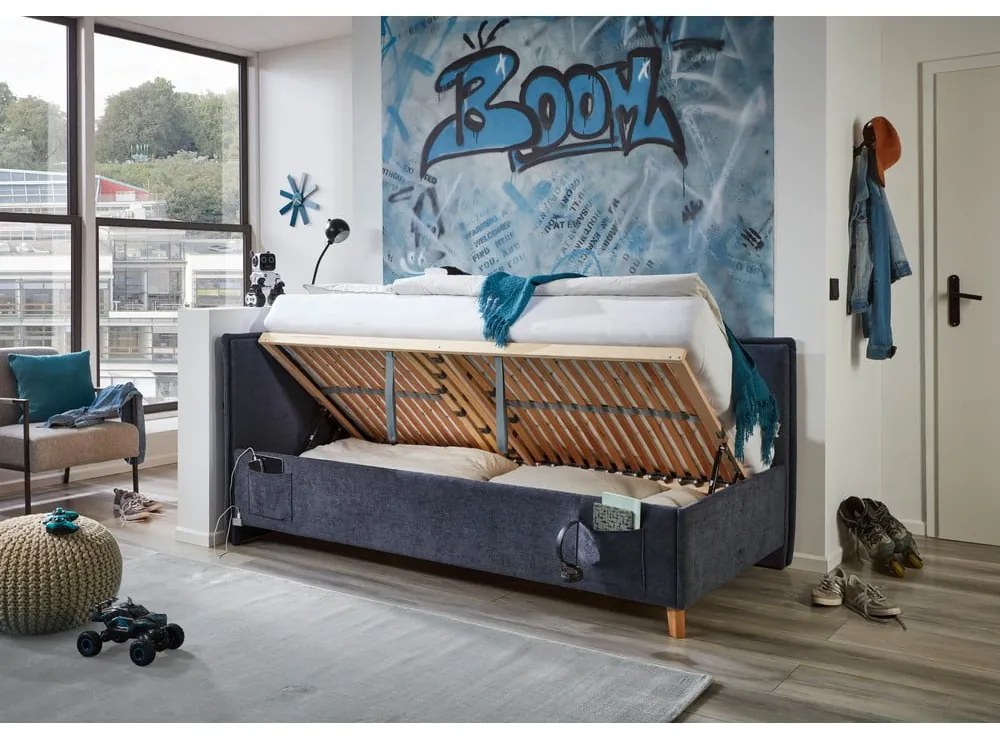 Letto da bambini con sponde blu scuro imbottito con contenitore con rete inclusa 120x200 cm Fun – Meise Möbel