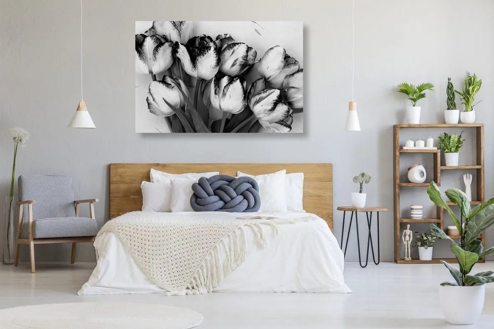Quadro su tela – Tulipani primaverili in bianco e nero