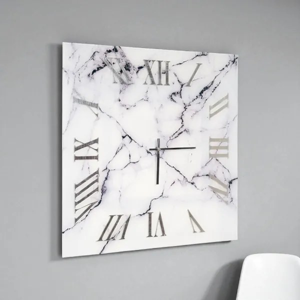 Orologio quadrato 65x65 cm in vetro temperato effetto marmo Bianco e Nero - OMIZ