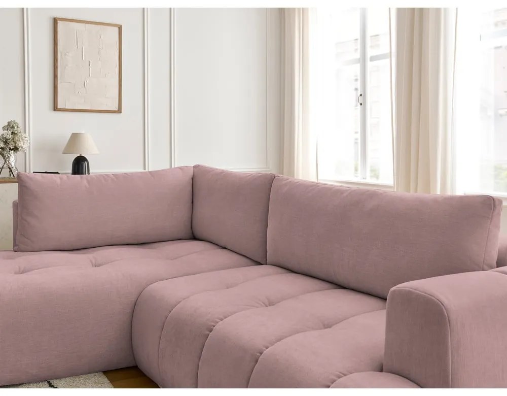 Divano angolare rosa allungabile e con contenitore (penisola a sinistra/a L) con rivestimento in ciniglia Fuji – Bobochic Paris
