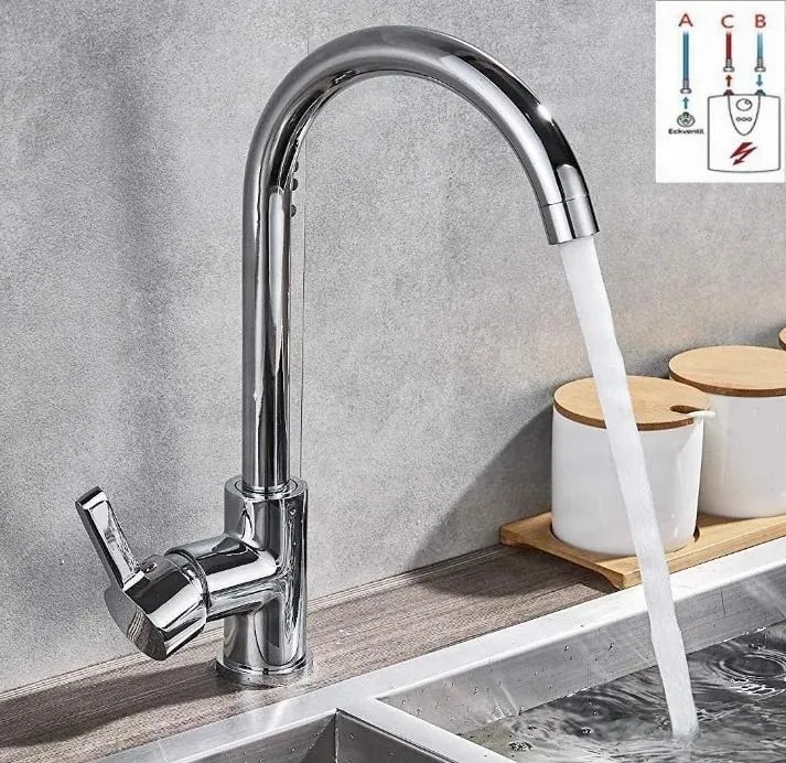 Rubinetto da cucina a bassa pressione EYN NT1311 da piano in ottone con bocca girevole, finiture cromo e argento