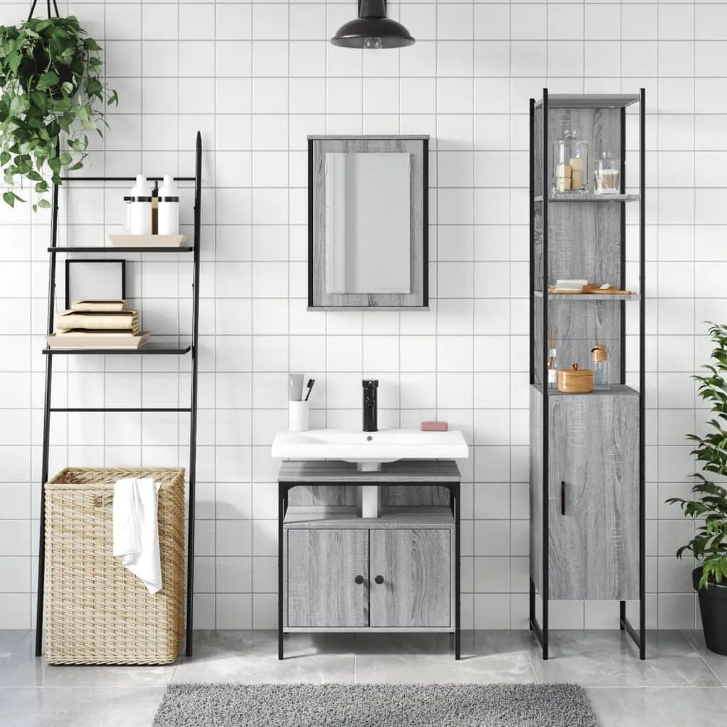 Set mobili da bagno 3 pz grigio sonoma in legno multistrato