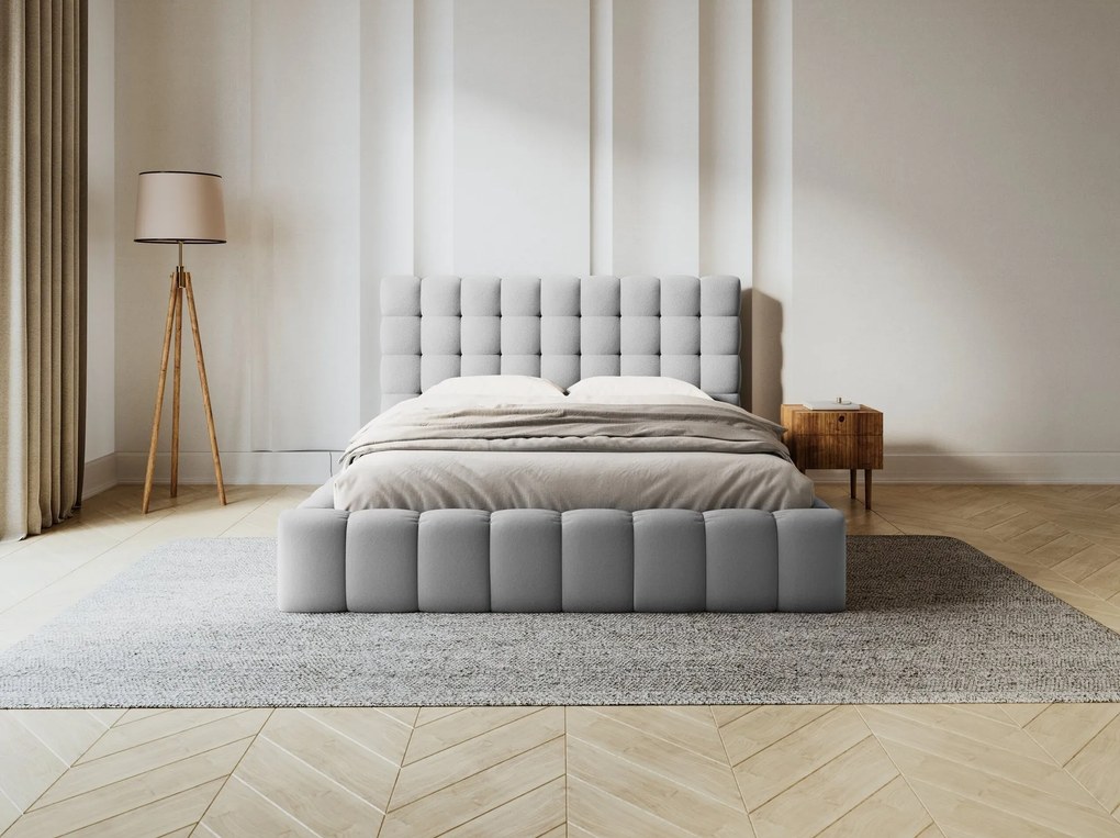 Letto matrimoniale Mamaia in tessuto strutturato Neve con contenitore e testiera - 200x200 cm