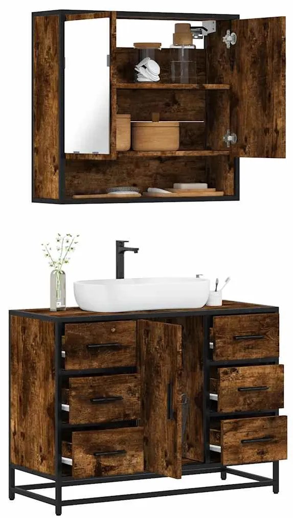 Set Mobili Da Bagno 2 Pz Rovere Fumo İn Legno Multistrato /