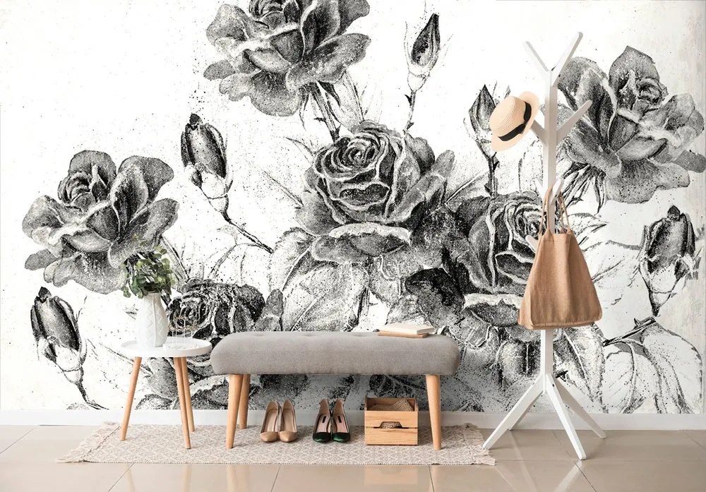 Carta da parati – Bouquet vintage di rose in bianco e nero