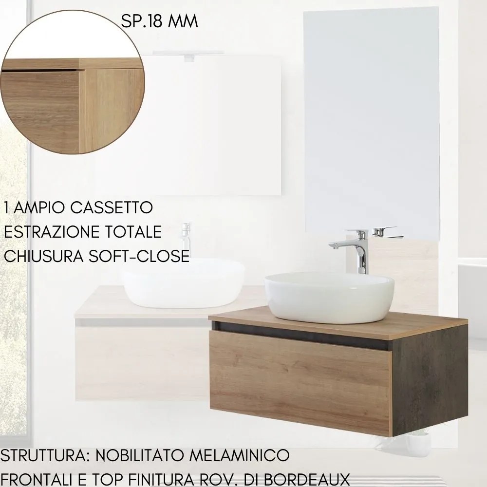 Mobile Bagno Sospeso con Lavabo da Appoggio e Specchio 1 Cassetto Salvaspazio in Legno  80 cm - Rovere di Bordeaux