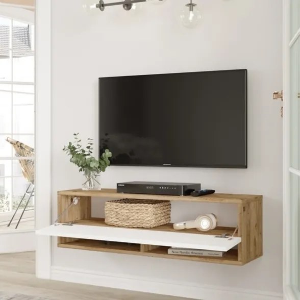 Mobile Tv Sospeso 100x32x30 Effetto Legno Rovere E Bianco Evolution