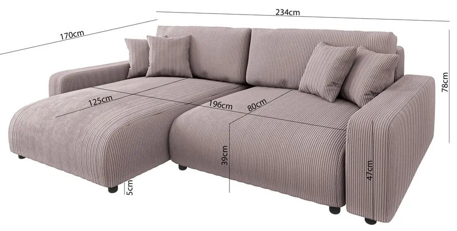 Divano letto angolare in velluto a coste rosa chiaro (penisola variabile) Sara - Ropez
