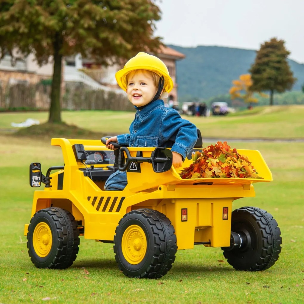 Costway Caterpillar cavalcabile per bambini dump truck, Veicolo da costruzione elettrico da 12v con cassone basculante Giallo