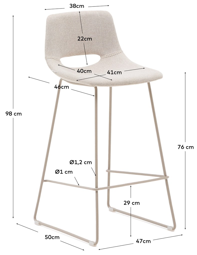 Kave Home - Sgabello Zahara beige e acciaio finitura beige altezza 76 cm