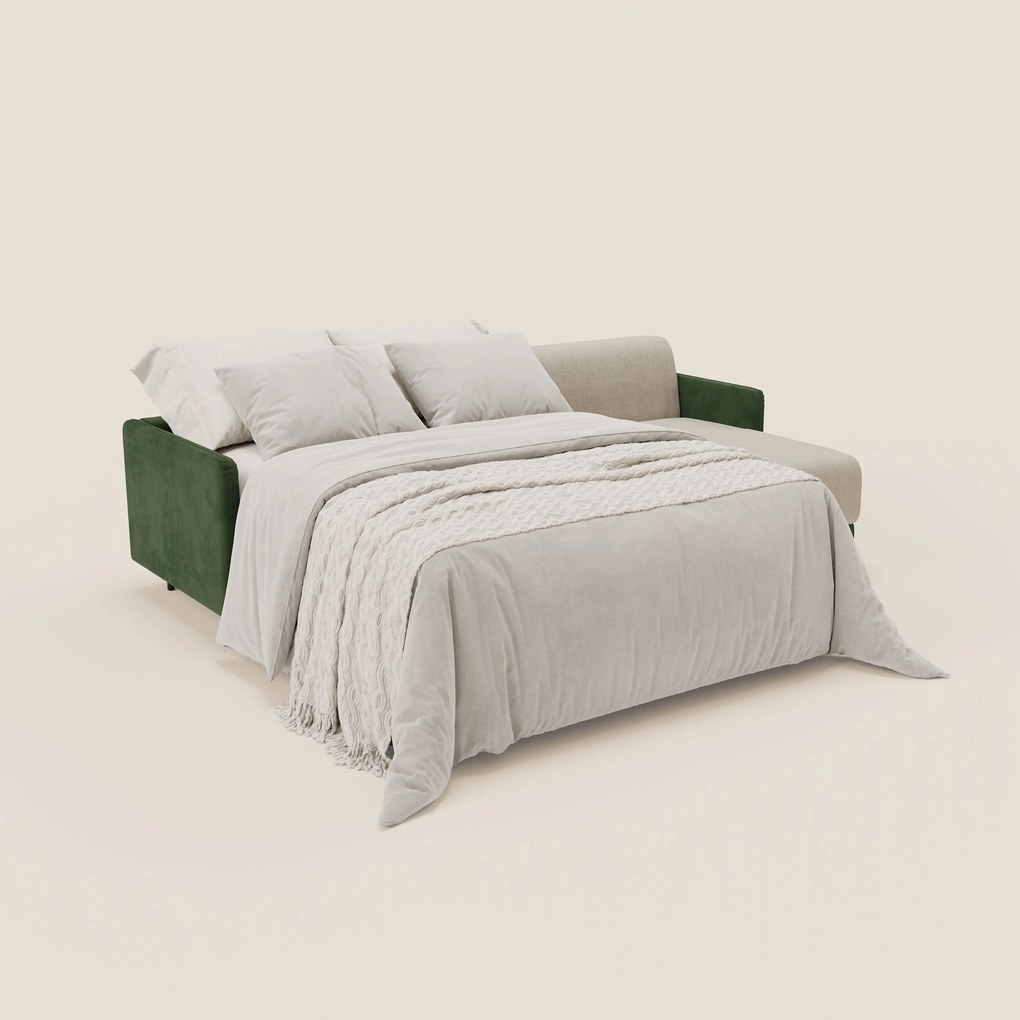 Narciso divano letto angolare con materasso alto 18 cm e penisola contenitore in tessuto bicolore impermeabile T11 e T06 verde - panna