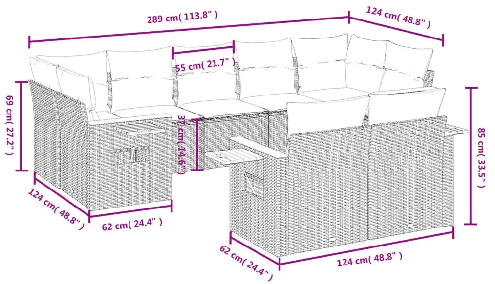 Set Divani da Giardino 9 pz con Cuscini Nero in Polyrattan