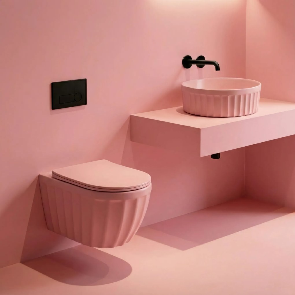 Set: WC sospeso + Lavabo da appoggio Rea Duo Sweet Pink Matt