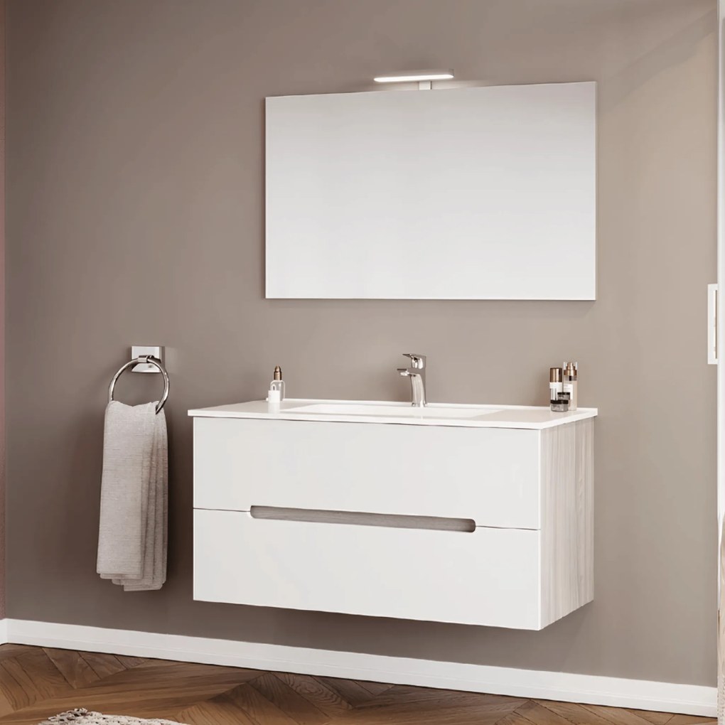 Mobile Bagno Sospeso 100 Cm Due Cassetti Specchio Con Lampada Led 100x60 Cm Savini Due "Iris"