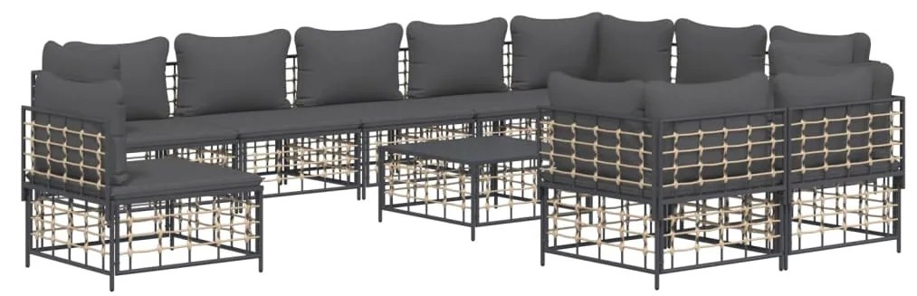 Set divani da giardino 11pz con cuscini in polyrattan antracite