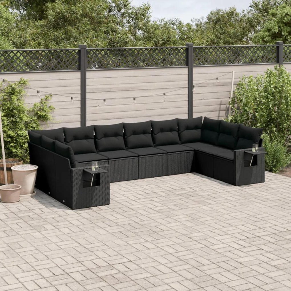 Set divani da giardino 10pz con cuscini in polyrattan nero