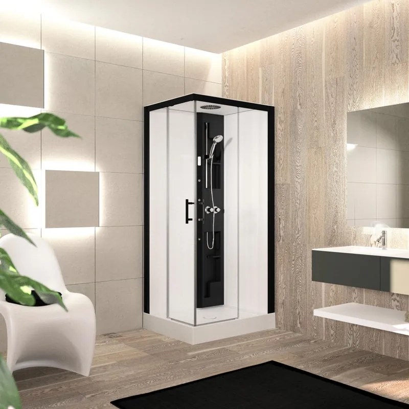 Cabina doccia idromassaggio rettangolare PERLA dx 100 x 80 cm nero e bianco con Sistema Bluetooth e miscelatore termostatico