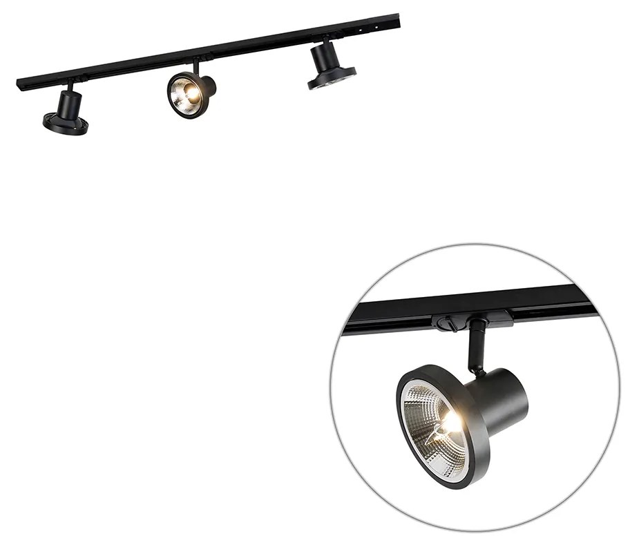 Sistema di illuminazione su binario moderno con 3 faretti neri monofase 100 cm - Iconic Jeany