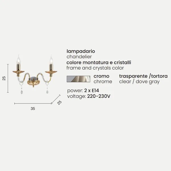 Applique CECILIA 35x25 cm in cristallo Tortora 2 luci