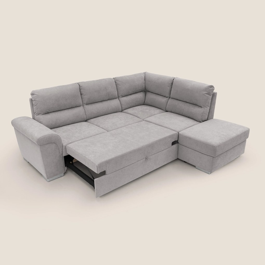 Minerva divano angolare con estraibile a cassettone e pouf contenitore in tessuto morbido impermeabile T02 grigio chiaro