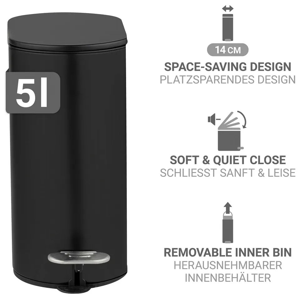 Cestino per la spazzatura nero opaco in acciaio con pedale 5 l Collungo – Wenko