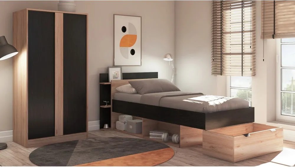 Letto singolo effetto rovere con contenitore senza griglia in colore nero-naturale 90x200 cm Albo - Marckeric