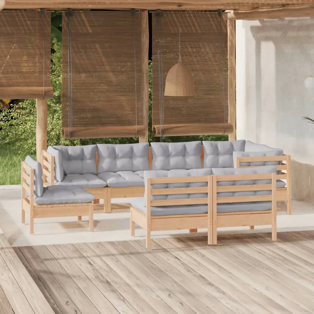 Set divani da giardino 8 pz con cuscini grigi massello di pino