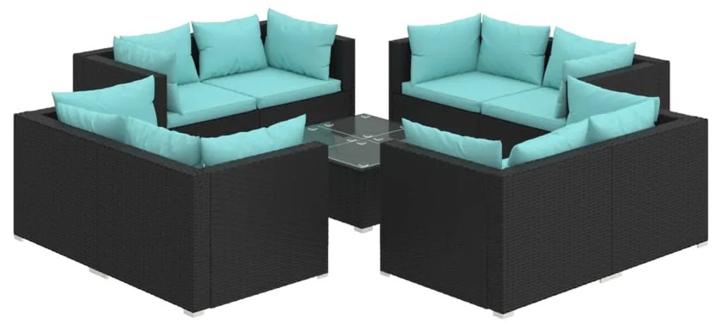 Set Divani da Giardino 9 pz con Cuscini in Polyrattan Nero