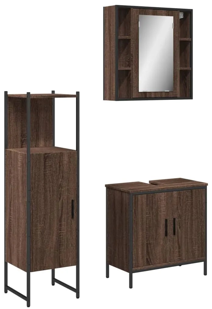 Set mobili da bagno 3 pz rovere marrone in legno multistrato