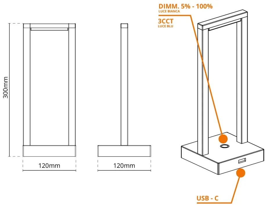 Lampada da Tavolo Ricaricabile 2.2W, IP54 CCT, Serie VELA - Nera Colore del corpo Nero