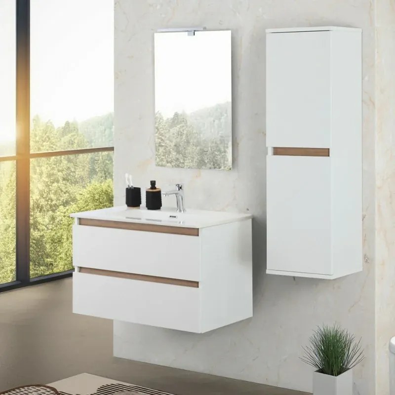 Mobile bagno sospeso 80 cm bianco e rovere con cassetti soft-close Kleo