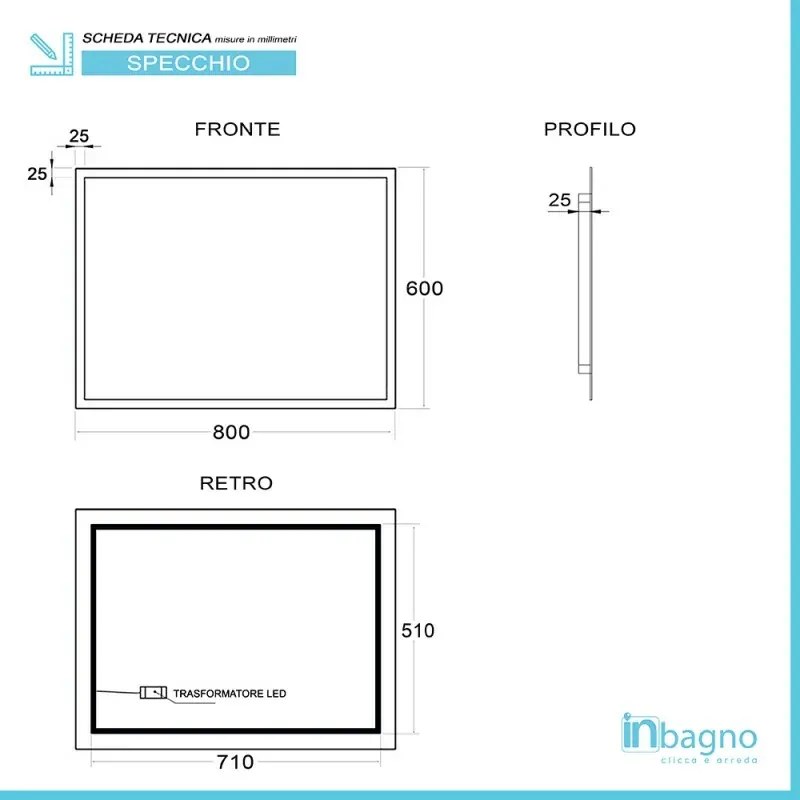Specchio bagno 80x60 cm reversibile con cornice LED bianco naturale
