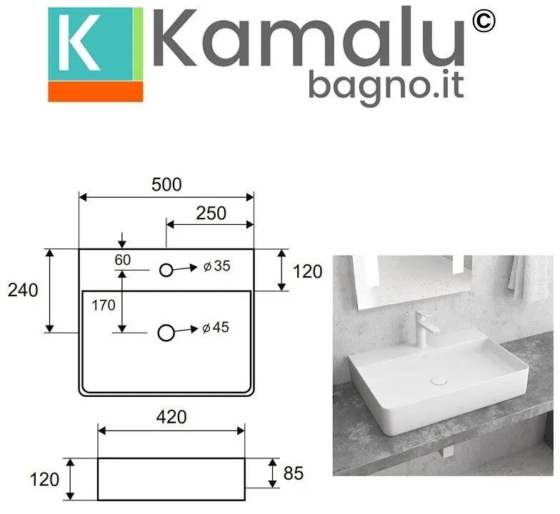 Kamalu - lavabo appoggio 50x42 cm ceramica bianca opaca litos-cbm500