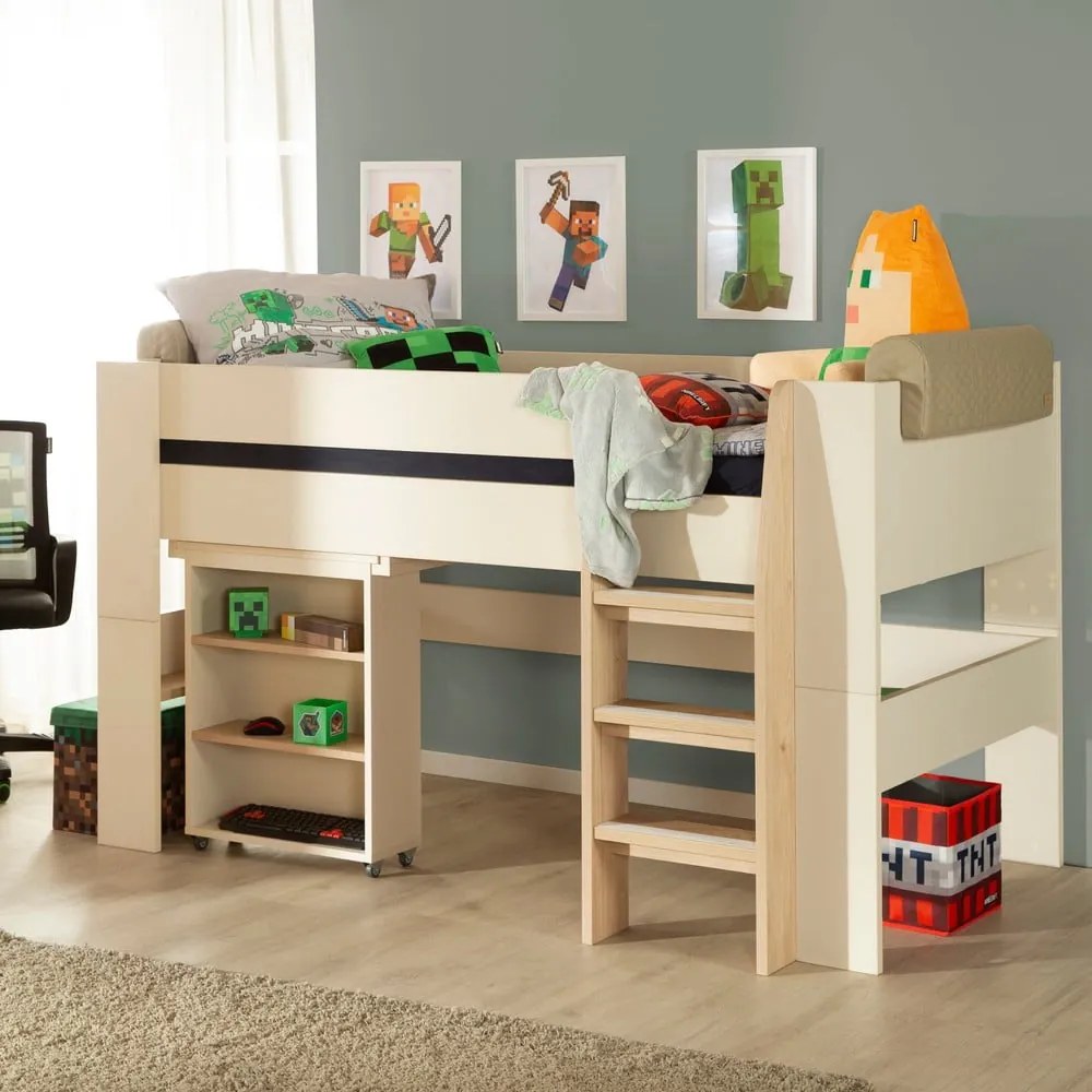 Letto da bambini rialzato beige con contenitore e scrivania rete non inclusa 90x200 cm Studio – Roba