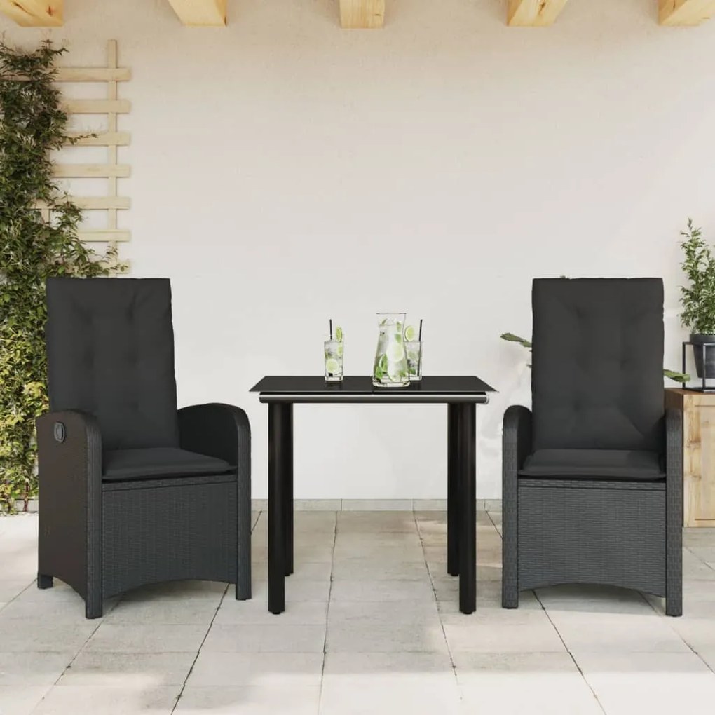 Set da pranzo da giardino 3 pz con cuscini nero in polyrattan