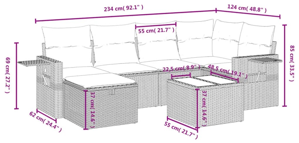 Set divani da giardino 7 pz con cuscini beige in polyrattan