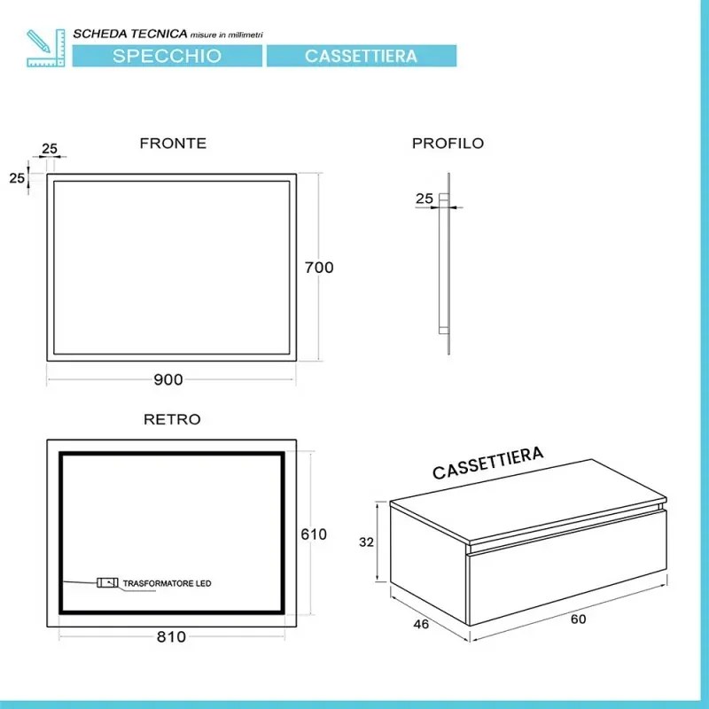 Mobile bagno sospeso 60 cm grigio perla lavabo 120 destro e specchio LED Iside