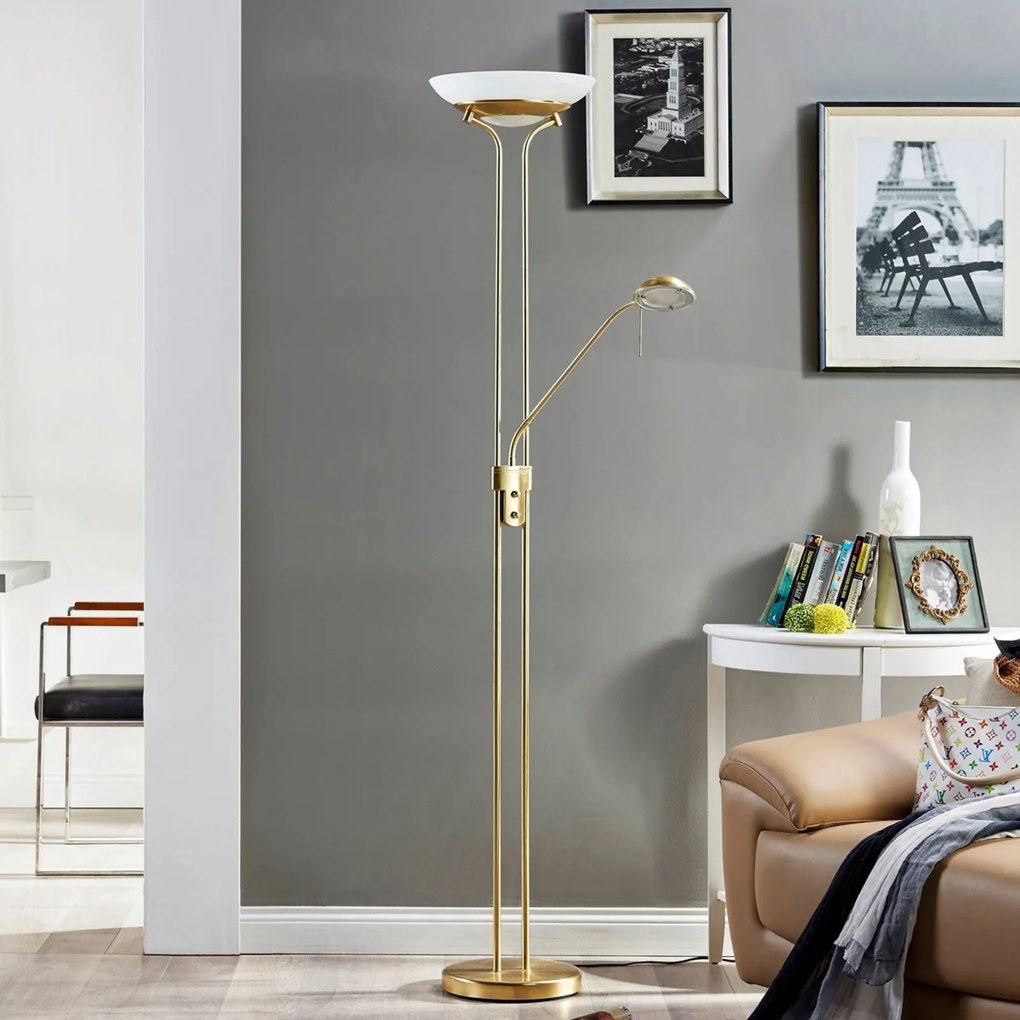 Lampada da terra con luce lettura Yveta Lindby, dimmerabile, Ottone / Oro, Soggiorno / Sala da pranzo, Metallo, Moderno, Lampada LED da terra