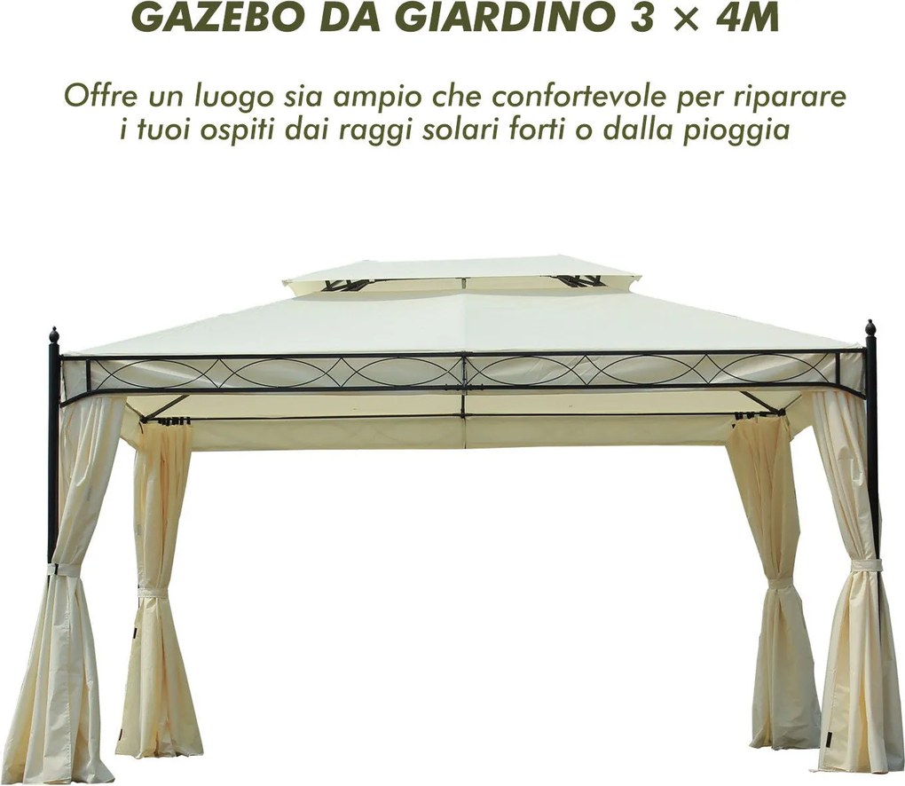 Gazebo da Giardino 3x4m in Acciaio Teli Laterali e Doppio Tetto Crema...
