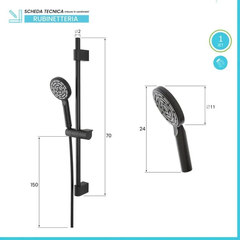 Saliscendi doccia 70 cm regolabile con doccetta tonda in ABS nero opaco Hidra