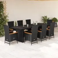 Set da Pranzo da Giardino 9 pz con Cuscini Nero in Polyrattan 3277533