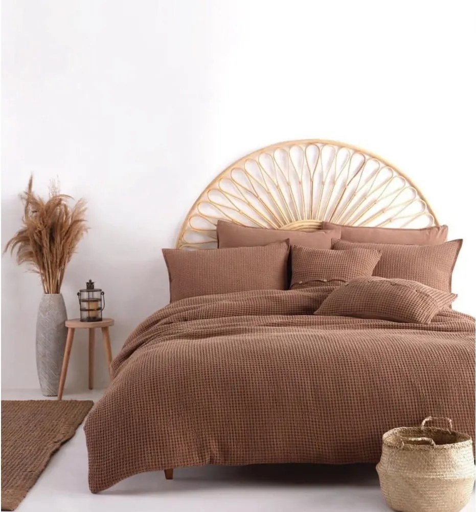 Set copripiumino e federa marrone in cotone renforcé per letto matrimoniale ed esteso 240x220 cm Waffle Striped – Mila Home Luxury
