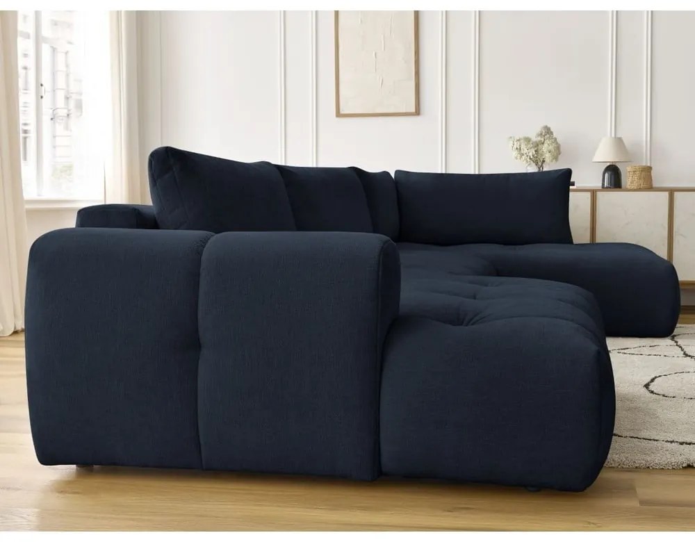 Divano angolare blu scuro allungabile e con contenitore (penisola a destra/a U) con rivestimento in ciniglia Fuji – Bobochic Paris