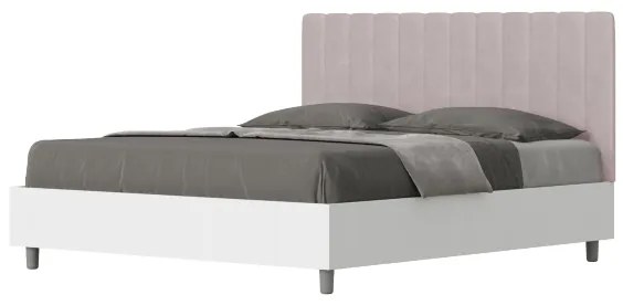 Letto contenitore da 160x200 in legno bianco e testata in microfibra glicine Kaia