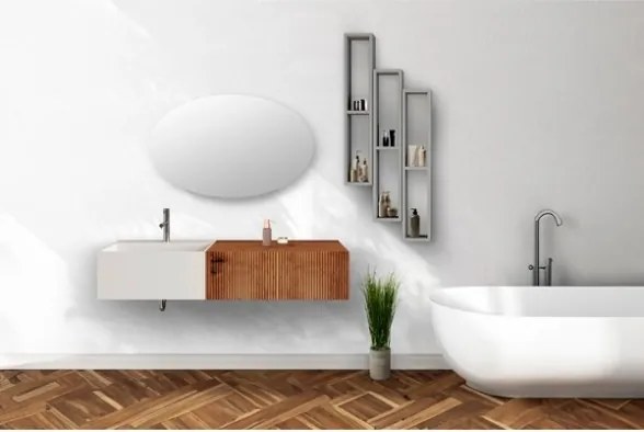 Lavabo bianco sospeso 60 cm con due cassetti laterali 40 cm rovere oro e specchio - Itaca